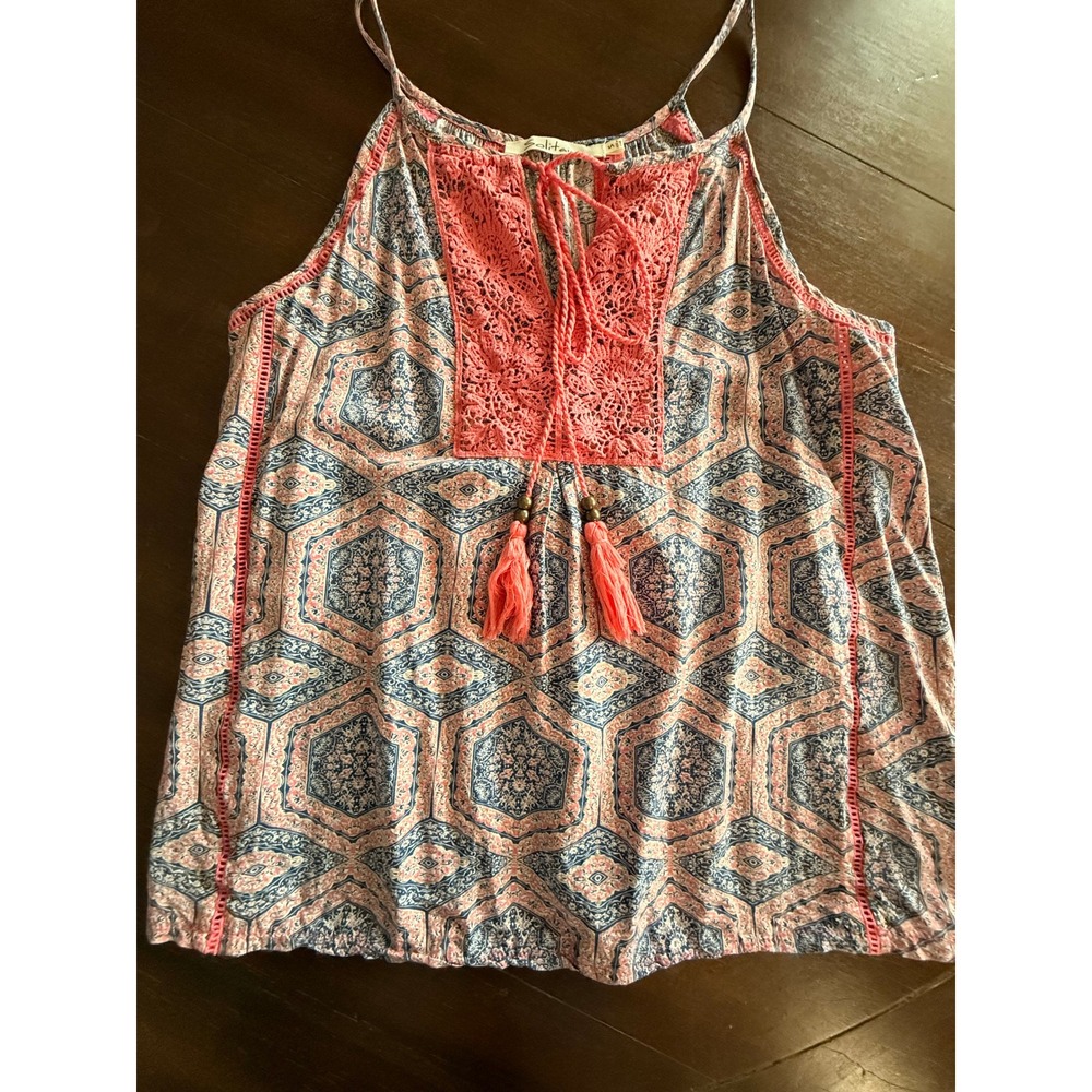 Solitaire Women Small Boho Medallion Print Crochet Tassel Cami Top 14-2383 Coral